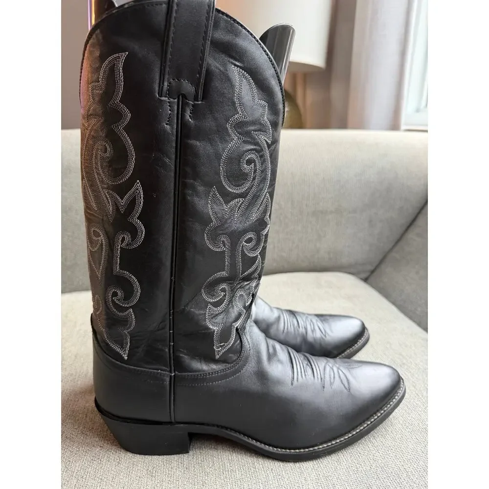 Justin Mens Black London Calf Leather Western Boots 13in Cowboy Black Sz 10.5